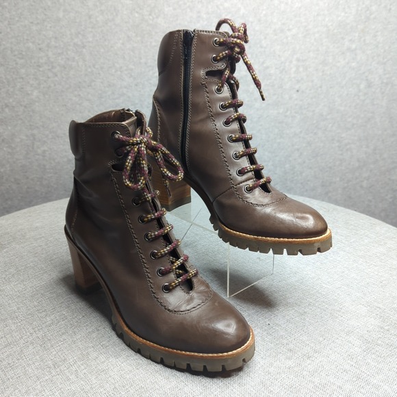 AGL Brown Leather Lace-Up Ankle Boots Chunky Heel Rugged Lug Sole Women's 8 - Picture 1 of 8